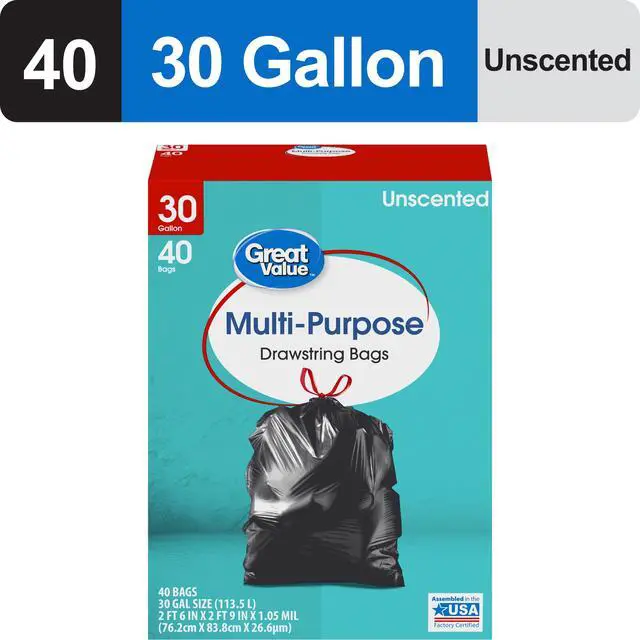 Alt view image 5 of 7 - Great Value Multi-Purpose Drawstring Trash Bags, 30 Gallon, 40 Count