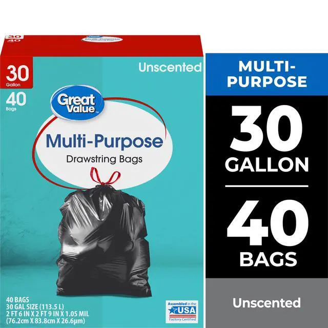 Alt view image 7 of 7 - Great Value Multi-Purpose Drawstring Trash Bags, 30 Gallon, 40 Count