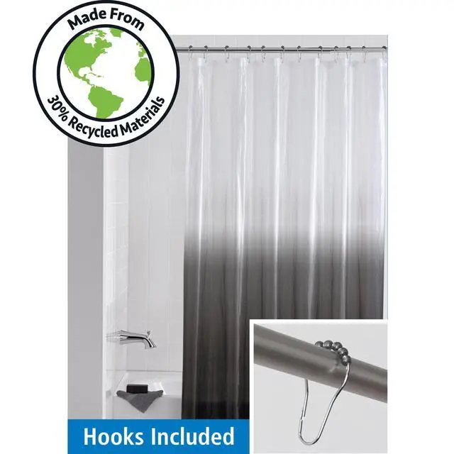 Alt view image 2 of 6 - Mainstays Eco-friendly Waterproof Recycled PEVA Dip Dye Black Ombre Shower Curtain Set with Hooks - 12 Hooks