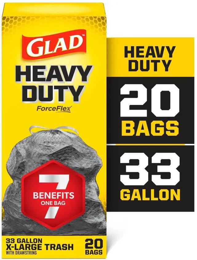 Main image of Glad Heavy Duty ForceFlex 33-Gallon Drawstring X-Large Black Trash Bags, 20 Bags