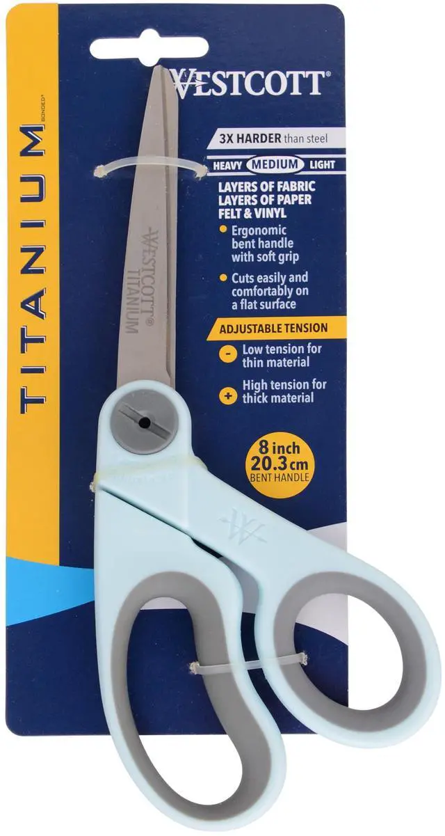 Alt view image 2 of 5 - Westcott 8" Titanium Bonded Fabric Sewing Scissors, Adjustable Glide, Bent Handle, Blue, 1-Count
