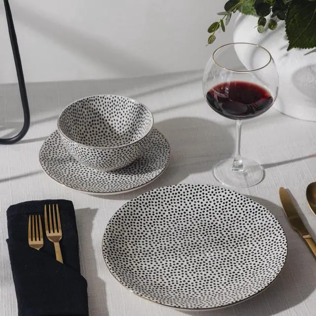 Alt view image 4 of 5 - Thyme & Table Dot Ceramic Dinner Plate Black and White