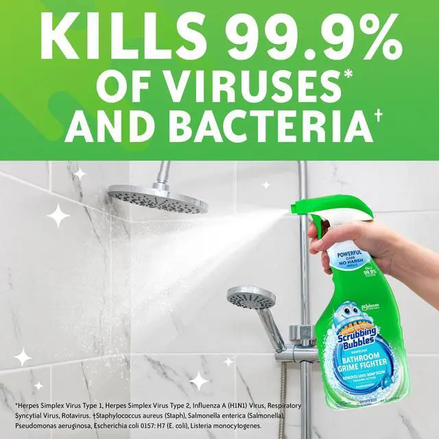 Alt view image 4 of 6 - Scrubbing Bubbles Disinfectant Bathroom Shower & Tub Cleaner Grime Fighter Spray, Rainshower 32 oz
