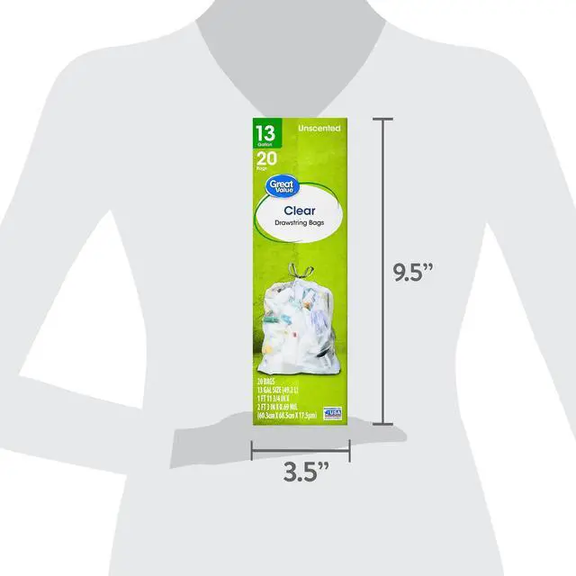Alt view image 3 of 7 - (3 pack) Great Value Clear Drawstring Tall Kitchen Bags, 13 gal, Unscented, 20 Bags