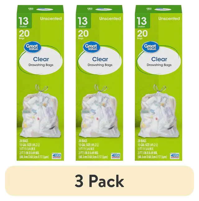Alt view image 4 of 7 - (3 pack) Great Value Clear Drawstring Tall Kitchen Bags, 13 gal, Unscented, 20 Bags