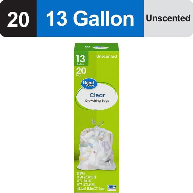 Alt view image 5 of 7 - (3 pack) Great Value Clear Drawstring Tall Kitchen Bags, 13 gal, Unscented, 20 Bags