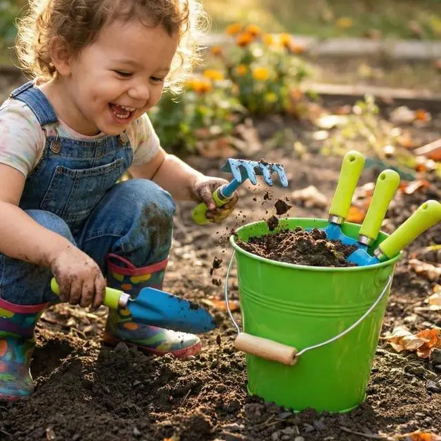Main image of G & F Products Just For Kids 3-Piece Garden Tool Set with Water Pail, Kid-Friendly Metal Tools