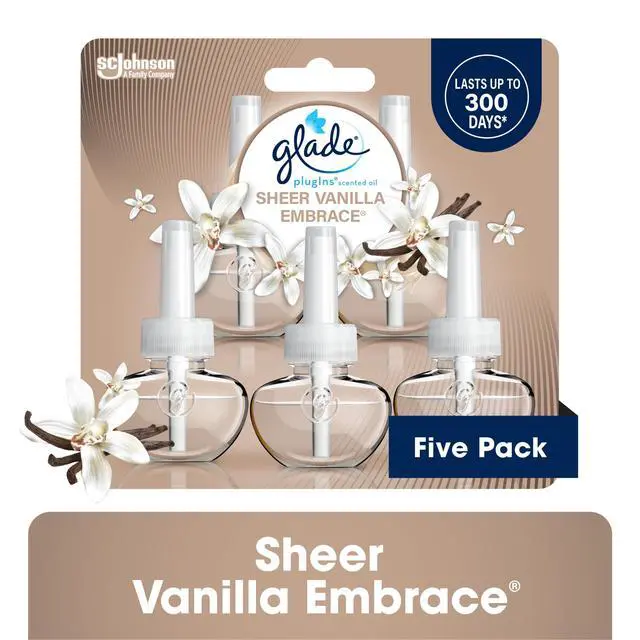 Alt view image 2 of 6 - Glade PlugIns Scented Oil 5 Refills, Air Freshener, Sheer Vanilla Embrace, Essential Oil Infused Wall Plug In, 3.35 FL oz, pack of 5