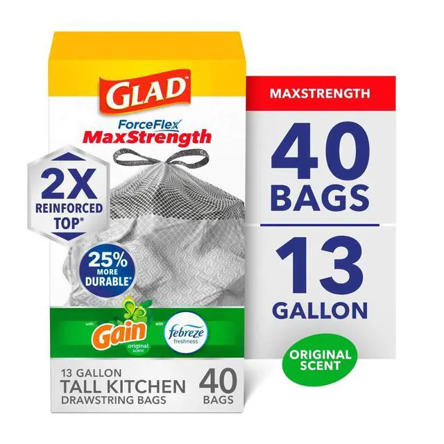 Alt view image 6 of 6 - Glad ForceFlex MaxStrength 13-Gallon Drawstring Tall Trash Bags, Gain Original Scent, 40 Bags