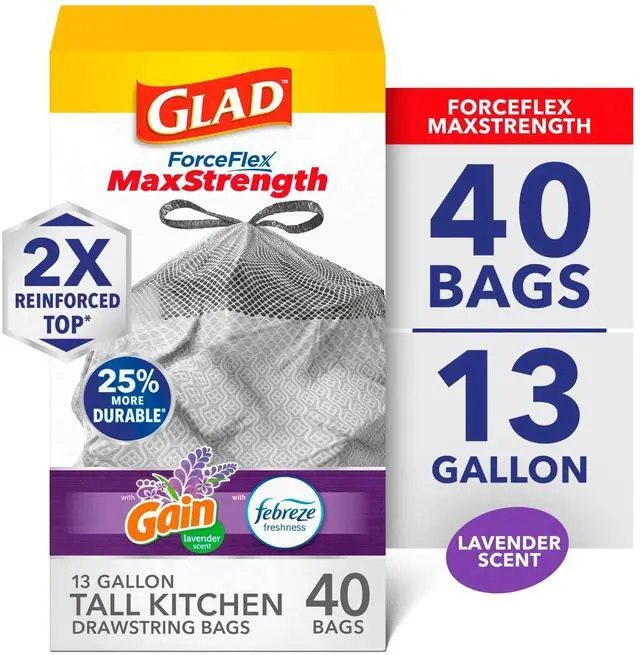 Alt view image 5 of 6 - Glad ForceFlex MaxStrength 13-Gallon Drawstring Tall Kitchen Trash Bags, Gain Lavender Scent, 40 Bags