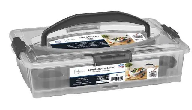 Main image of Mainstays Dessert Carrier, Rectangular Design, Clear Plastic with Dark Gray Handle and Clasps, Includes Slice-and-Serve Utensil (1 Each) 18" x 12" x 4.3"
