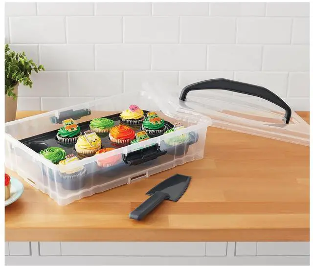 Alt view image 3 of 6 - Mainstays Dessert Carrier, Rectangular Design, Clear Plastic with Dark Gray Handle and Clasps, Includes Slice-and-Serve Utensil (1 Each) 18" x 12" x 4.3"