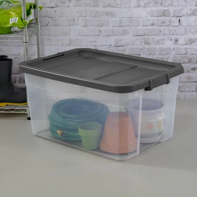 Alt view image 4 of 7 - Sterilite 76 Quart Stacker Storage Bin, Clear Plastic Storage Container with Latch Lid, Durable, Dark Gray