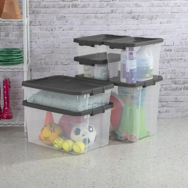 Alt view image 6 of 7 - Sterilite 76 Quart Stacker Storage Bin, Clear Plastic Storage Container with Latch Lid, Durable, Dark Gray