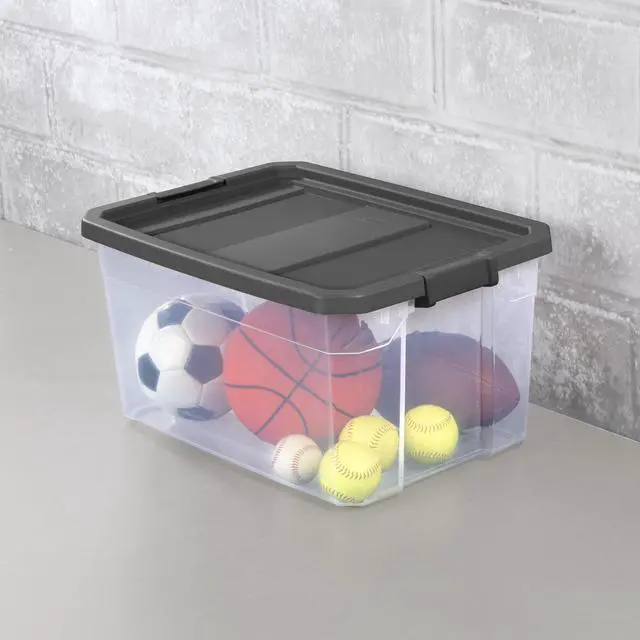 Alt view image 5 of 7 - Sterilite 76 Quart Stacker Storage Bin, Clear Plastic Storage Container with Latch Lid, Durable, Dark Gray