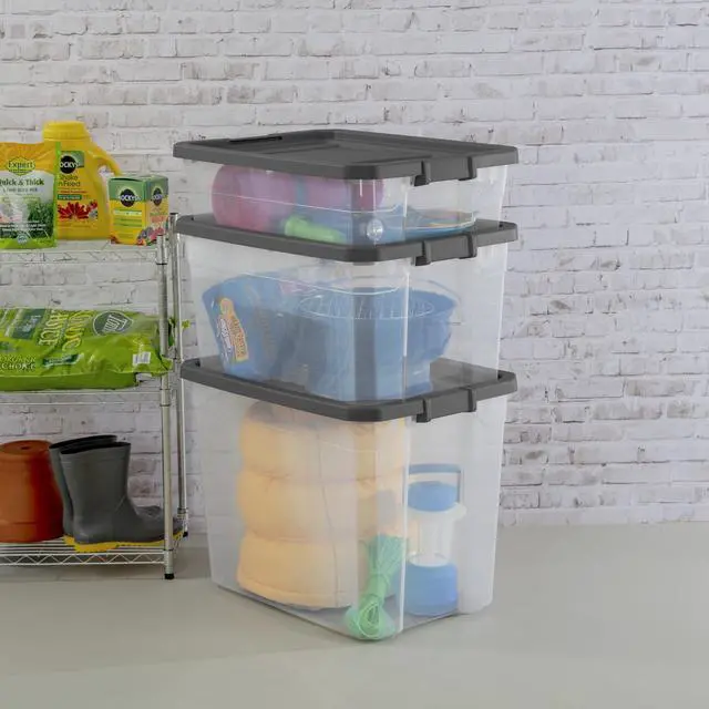 Alt view image 3 of 7 - Sterilite 76 Quart Stacker Storage Bin, Clear Plastic Storage Container with Latch Lid, Durable, Dark Gray