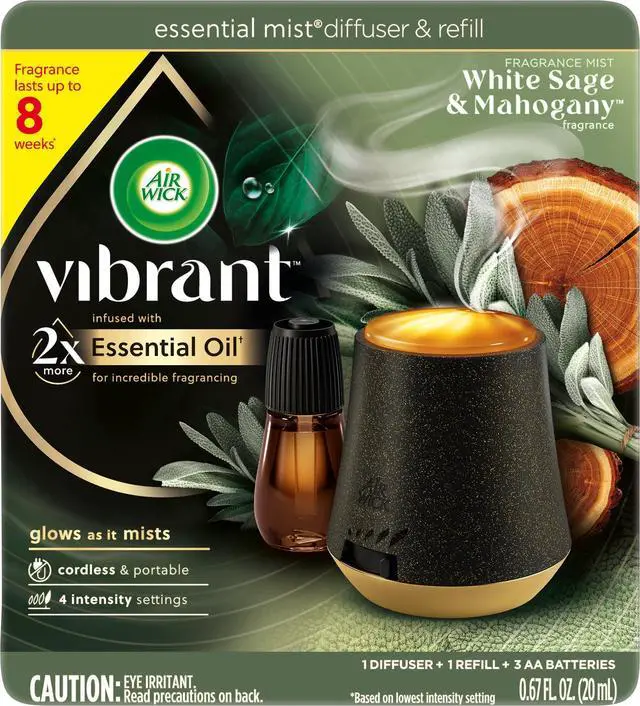 Alt view image 4 of 7 - Air Wick Essential Mist Vibrant Scented Oil Cordless Diffuser Starter Kit, White Sage & Mahogany, 2 Piece