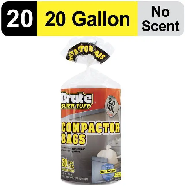 Main image of Brute Super Tuff® Compactor Trash Bags, 20 Gallon, 20 Bags (Twist Tie)