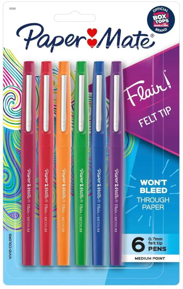 Main image of Paper Mate Flair Felt Tip Pens, #1 Teacher Choice, Medium Point 0.7mm, Assorted Colors, 6 Count