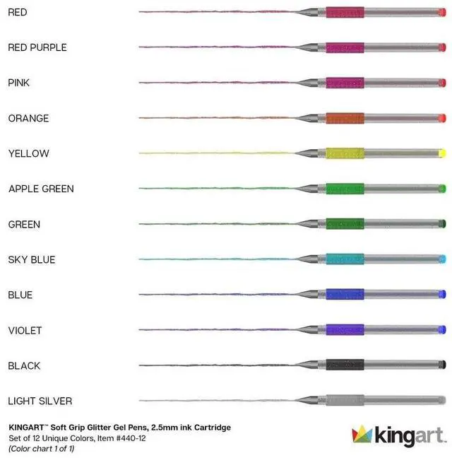 Alt view image 2 of 6 - KINGART Glitter Gel Pens Set 12 Vibrant Colors, Soft Grip 2.5mm Pens for Adult Coloring, Art and Fine lines