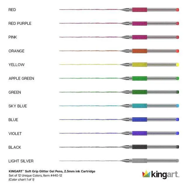 Alt view image 5 of 6 - KINGART Glitter Gel Pens Set 12 Vibrant Colors, Soft Grip 2.5mm Pens for Adult Coloring, Art and Fine lines