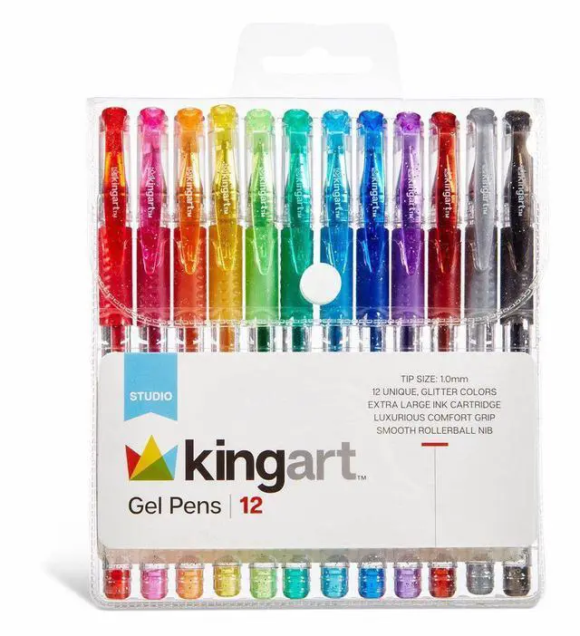 Alt view image 6 of 6 - KINGART Glitter Gel Pens Set 12 Vibrant Colors, Soft Grip 2.5mm Pens for Adult Coloring, Art and Fine lines