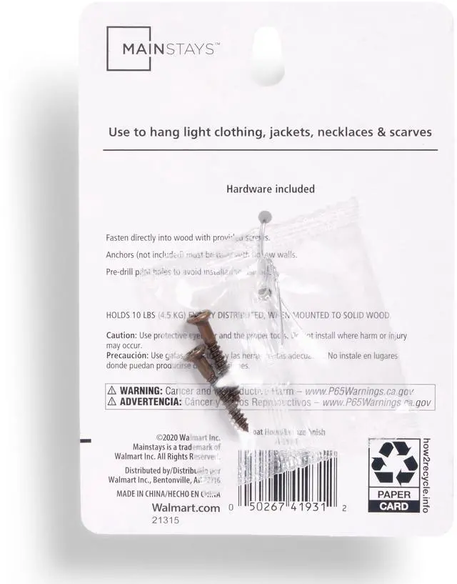 Alt view image 2 of 6 - (2 pack) Mainstays, Double Hook Bronze Metal Hooks, for Hanging Towels and Coats, 10 lbs Capacity, 1 Pc