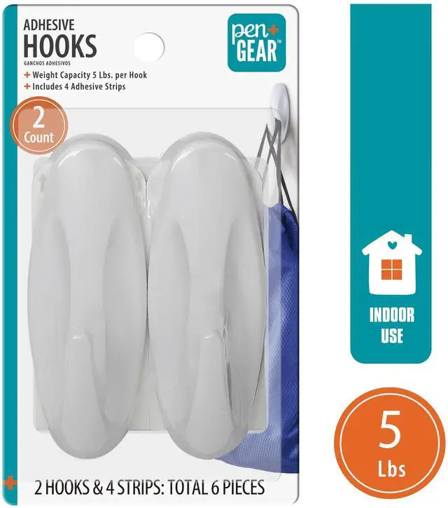 Main image of Pen+Gear Heavy-Duty Plastic Adhesive Large Wall Hooks, Damage Free, White, 2 Count