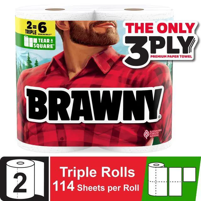 Alt view image 4 of 7 - Brawny Tear-A-Square 3-Ply Paper Towels, 2 Triple Rolls, 114 Sheets per Roll