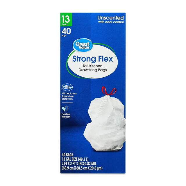 Alt view image 2 of 6 - Great Value 13Gallon Strong Flex Tall Kitchen Drawstring Bags, 40Bags