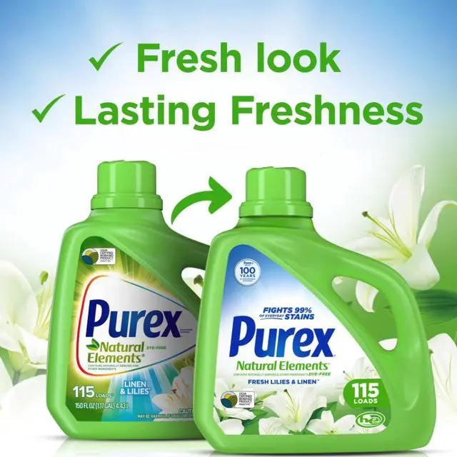 Alt view image 9 of 13 - Purex Natural Elements Fresh Lilies & Linen Liquid Laundry Detergent,150 fl oz115 Loads,DyeFree PlantBased Stain Remover,Gentle on Skin,HESafe for All Fabrics