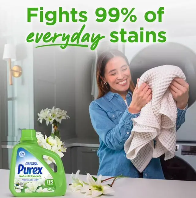 Alt view image 12 of 13 - Purex Natural Elements Fresh Lilies & Linen Liquid Laundry Detergent,150 fl oz115 Loads,DyeFree PlantBased Stain Remover,Gentle on Skin,HESafe for All Fabrics