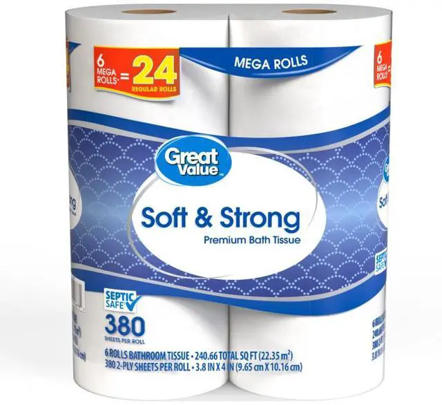 Alt view image 2 of 12 - Great Value Soft & Strong Premium Toilet Paper, 6 Mega Rolls, 380 Sheets per Roll