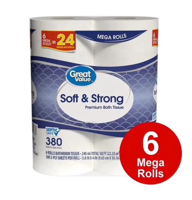 Alt view image 5 of 12 - Great Value Soft & Strong Premium Toilet Paper, 6 Mega Rolls, 380 Sheets per Roll