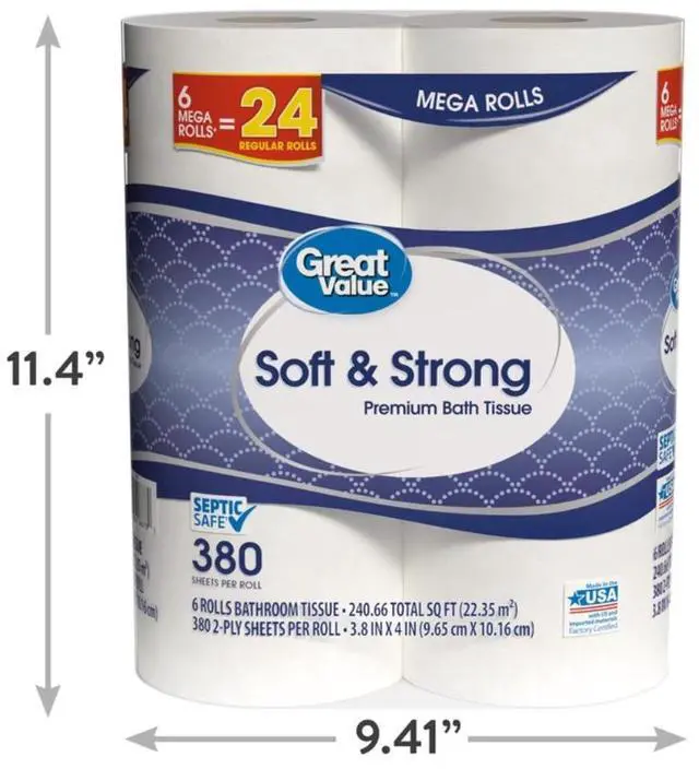Alt view image 4 of 12 - Great Value Soft & Strong Premium Toilet Paper, 6 Mega Rolls, 380 Sheets per Roll