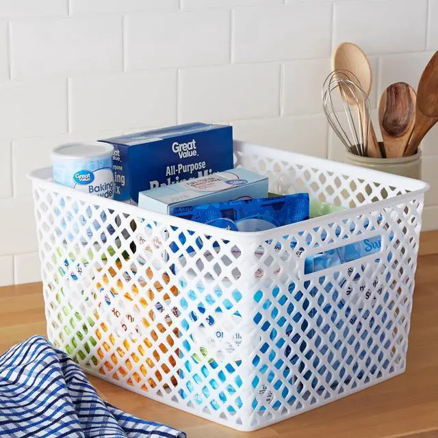 Alt view image 8 of 14 - Mainstays Large White Decorative Plastic Storage Basket, 14.7 in x 12 in x 8.5 in