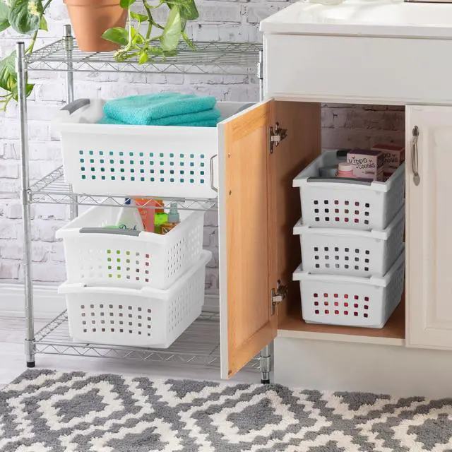 Alt view image 4 of 6 - Sterilite Medium Stacking Basket, Open Plastic Bin, Space Saving Organizers, White