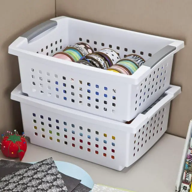 Alt view image 5 of 6 - Sterilite Medium Stacking Basket, Open Plastic Bin, Space Saving Organizers, White