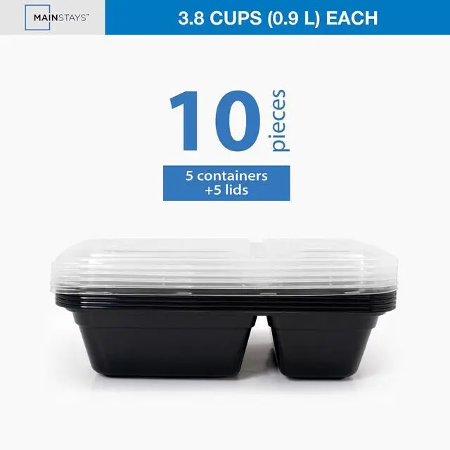Alt view image 6 of 6 - Mainstays 10-Piece Meal Prep Food Storage Container Set, 5 Containers + 5 Lids, 2-Compartment, BPA-Free