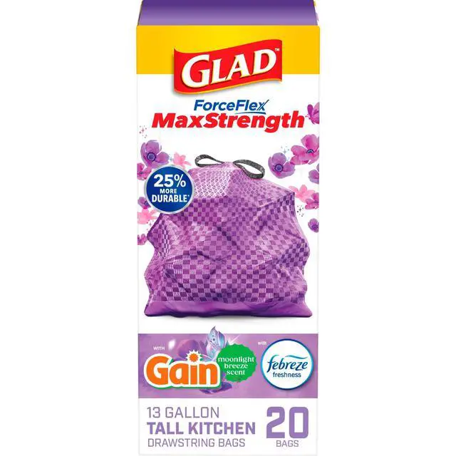 Alt view image 5 of 7 - Glad ForceFlex MaxStrength 13-Gallon Purple Drawstring Tall Kitchen Bags, Gain Moonlight Breeze Scent, 20 Bags