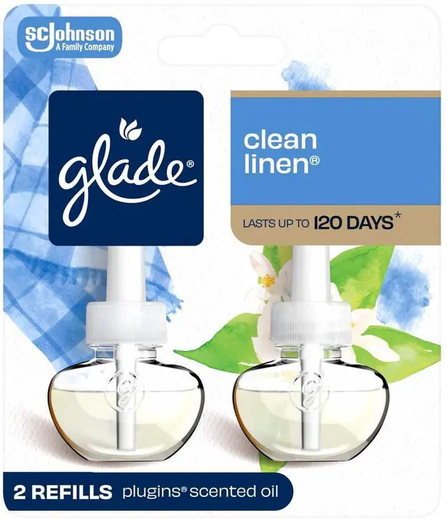 Main image of Glade PlugIns Scented Oil 2 Refills, Air Freshener, Clean Linen, Essential Oil Infused Wall Plug In, 1.34 FL oz, 2 Refills