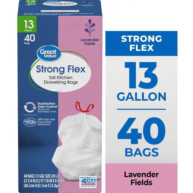 Alt view image 6 of 7 - Great Value Strong Flex 13-Gallon Drawstring Tall Kitchen Trash Bags, Lavender Fields, 40 Bags