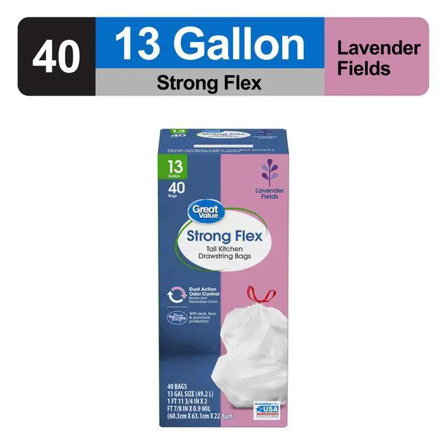Alt view image 7 of 7 - Great Value Strong Flex 13-Gallon Drawstring Tall Kitchen Trash Bags, Lavender Fields, 40 Bags
