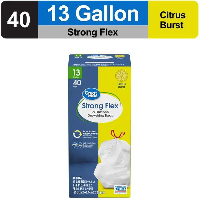 Alt view image 3 of 7 - Great Value Strong Flex 13-Gallon Drawstring Tall Kitchen Trash Bags, Citrus Burst, 40 Count