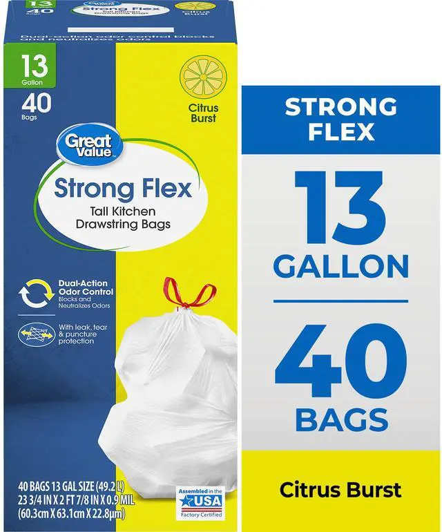 Alt view image 6 of 7 - Great Value Strong Flex 13-Gallon Drawstring Tall Kitchen Trash Bags, Citrus Burst, 40 Count