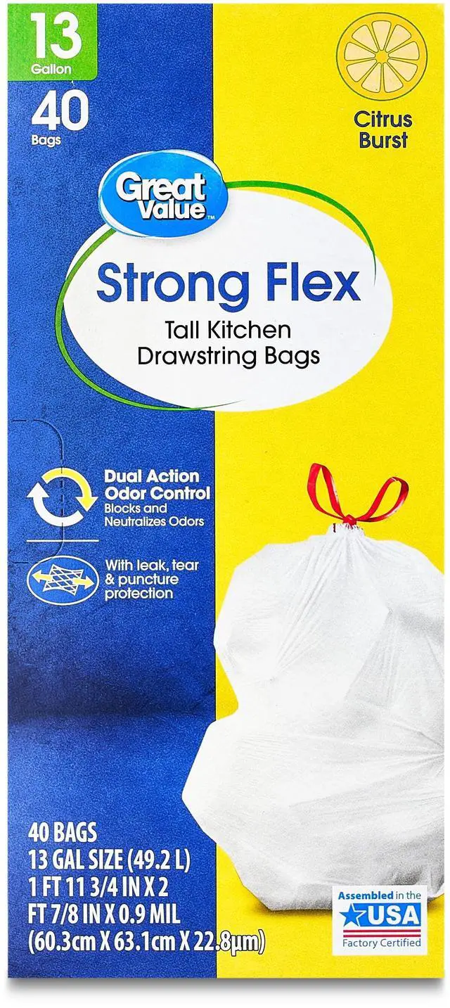 Main image of Great Value Strong Flex 13-Gallon Drawstring Tall Kitchen Trash Bags, Citrus Burst, 40 Count