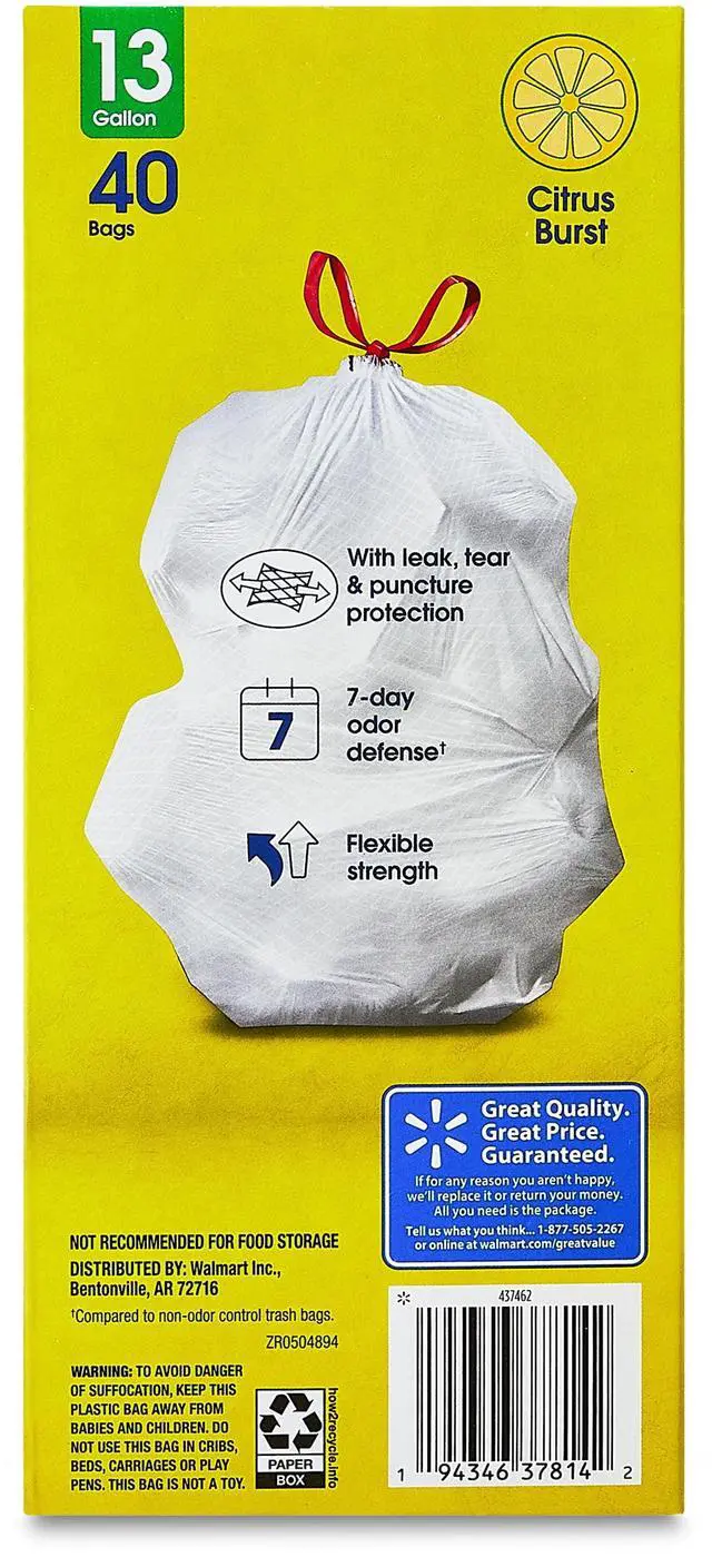 Alt view image 5 of 7 - Great Value Strong Flex 13-Gallon Drawstring Tall Kitchen Trash Bags, Citrus Burst, 40 Count