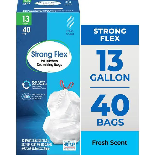 Alt view image 7 of 7 - Great Value Strong Flex 13-Gallon Drawstring Tall Kitchen Trash Bags, Fresh Scent, 40 Bags