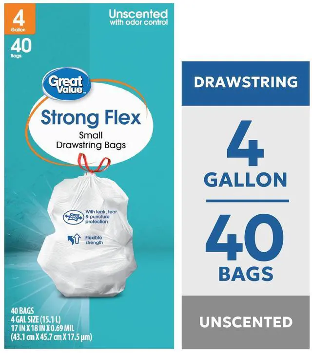 Alt view image 5 of 7 - Great Value 4 Gallon Strong Flex Small Drawstring Garbage Bags, 40 Bags