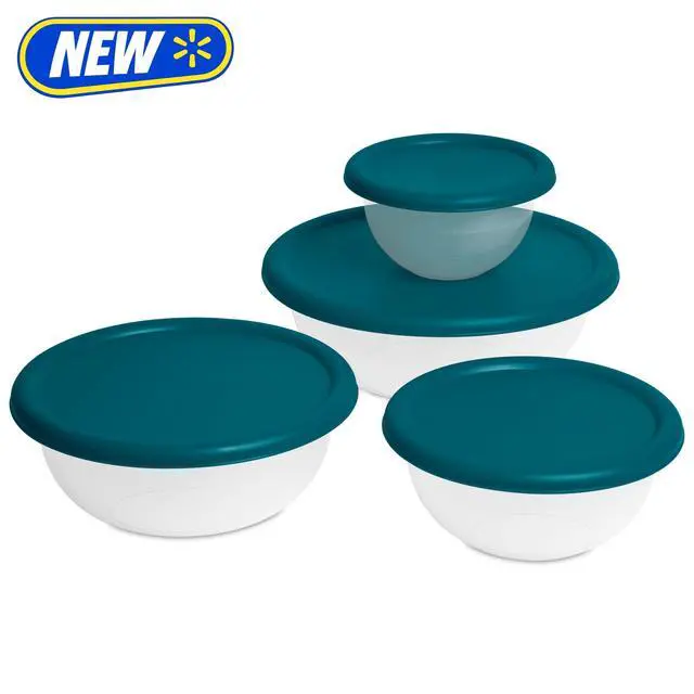 Alt view image 7 of 7 - Mainstays 8 Piece Plastic Covered Bowl Set for Food Prep, Serving & Storage, White Bowls with Teal Lids, BPA-Free